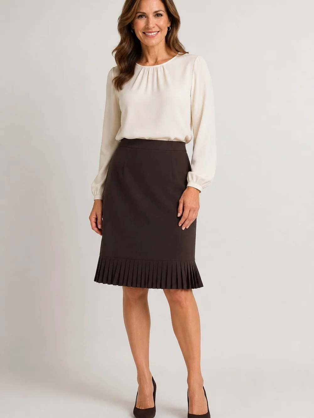 Le Suit Petite 6P Brown Classic Pleated Hem Midi Skirt Fully Lined Career Office
